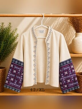 Hill Tribe Hemp Top, Thai Ethnic Embroidered Blouse / XL=42